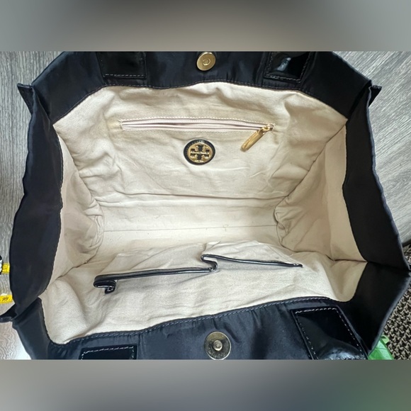 Tory Burch Mini Ella Tote Bag in Black Nylon and Black Patent Leather Trim - Picture 9 of 14